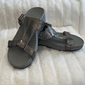 Vionic Metallic Grey Snake-Print Slide Sandals